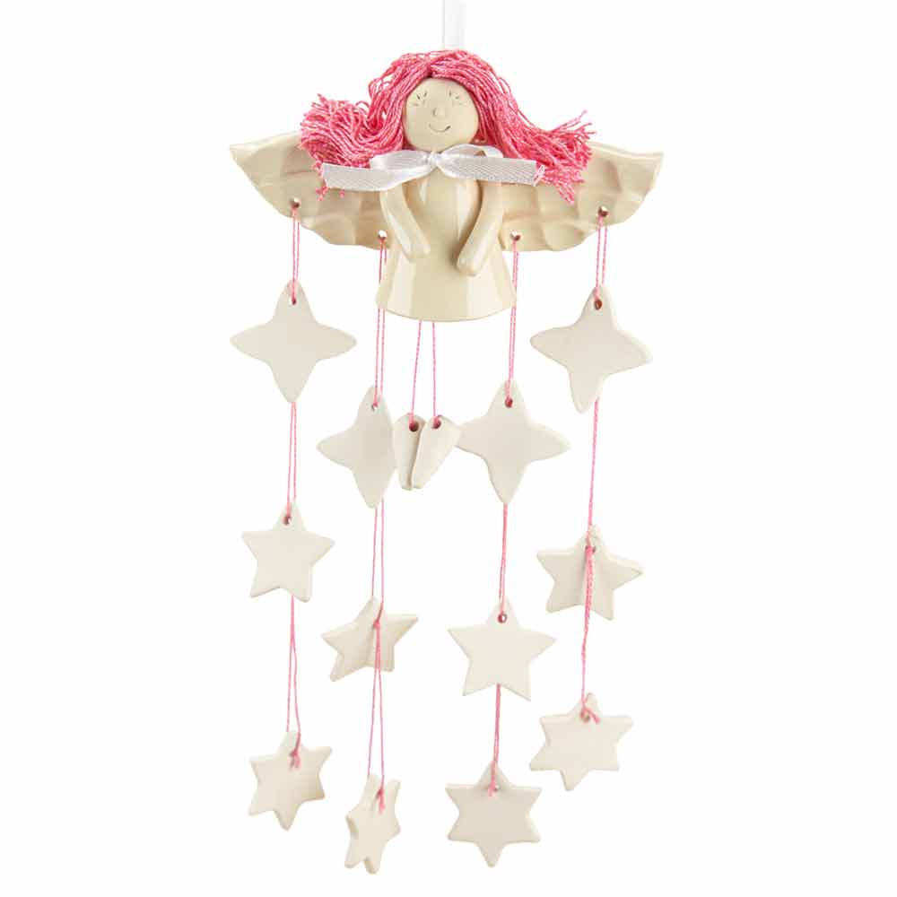 Rózsaszín hajú, fehér, mázas kerámia anygyal karácsonyi dísz 12db csillaggal.. Függeszthető karácsonyi dekoráció. NeoNoé kerámia.